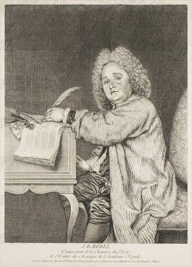 Portrait of Jean-Féry Rebel, Composer to the King, 1726/31, Jean Moyreau (French, 1690-1762), after Jean Antoine Watteau (French, 1684-1721), France, Etching and engraving in black on cream laid paper, 333 × 254 mm (image), 365 × 261 mm (plate), 527 × 410 mm (sheet)