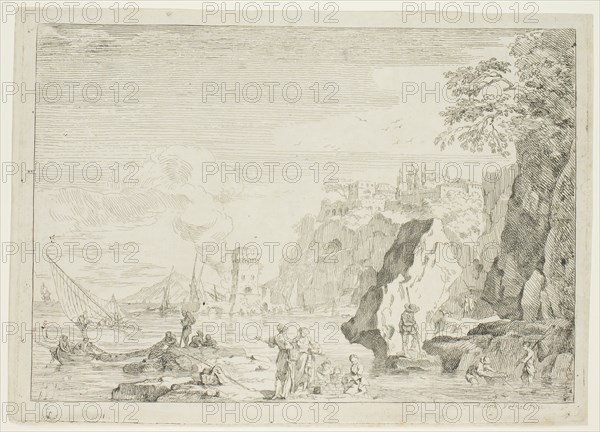 The Beach with the Large Tower, 1734/52, Claude Joseph Vernet, French, 1714-1789, France, Etching in black on ivory laid paper, 201 × 290 mm (image), 219 × 304 mm (plate), 222 × 310 mm (sheet)