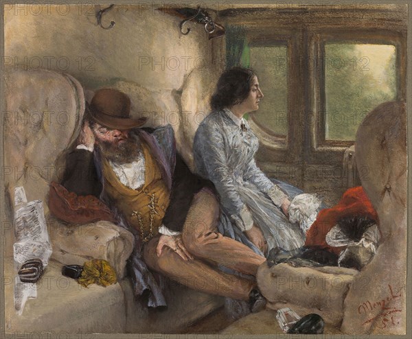 In a Railway Carriage (After a Night’s Journey), 1851, Adolph Menzel, German, 1815–1905, Germany, Gouache, with touches of pastel and oil paint, on cream wove paper, laid down on Japanese paper, 273 × 330 mm