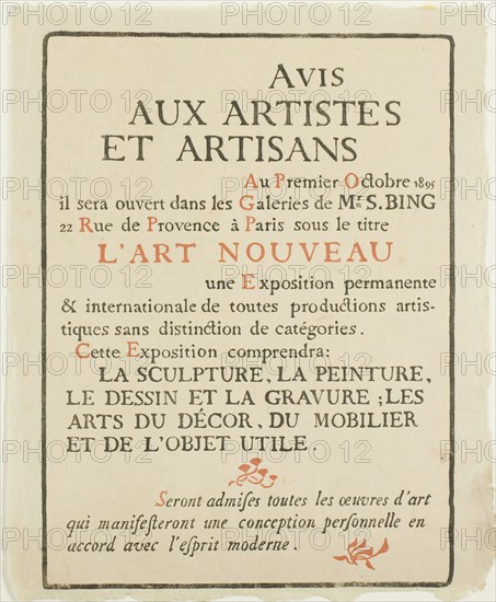 Avis aux Artistes et Artisans, October 1895, Georges Lemmen, Belgian, 1865-1916, Belgium, Letterpress in black and red on tan Japanese paper, 227 × 169 mm (image), 243 × 200 mm (sheet)