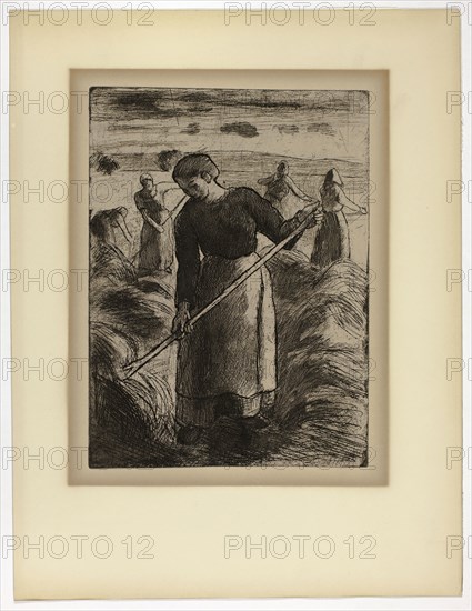 Woman Haymaker at Éragny, 1897, Camille Pissarro, French, 1830-1903, France, Etching in black on cream wove paper (discolored to brown), 205 × 150 mm (image/plate), 224 × 172 mm (sheet)