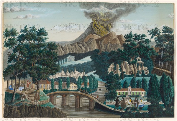 Landscape with Erupting Volcano, Bridge and Wedding Party, n.d., Ernst Damitz, American, born Germany, 1805-1883, United States, Watercolor over graphite on ivory wove paper, 230 x 350 mm
