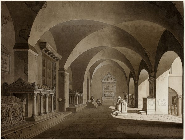 A View in San Lorenzo Fuori le Mura, Rome, c. 1820, Gustav Friedrich Hetsch, German, 1788-1864, Germany, Pen and brown ink and brush and various brown washes on ivory wove paper, edge-mounted to an ivory laid paper inlay, 295 × 388 mm