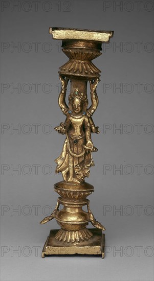 Pillar Support of an Addorsed Female Bodhisattva and an Offering Goddess, 15th century, Tibet, Densatil, Tibet, Gilt bronze with gemstones, 26 x 7.9 x 7.9 cm (10 1/4 x 3 1/8 x 3 1/8 in.)