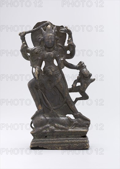 Goddess Durga Slaying the Buffalo Demon, 9th century, India, Kashmir, Kashmir, Bronze inlaid with silver, 20.6 x 12.2 x 4.5 cm (8 1/8 x 4 13/16 x 1 3/4 in.)