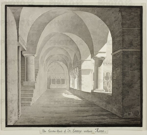 The Cloister of San Lorenzo Fuori le Mura, Rome, 1827, Unknown Artist, German or Scandinavian, 19th century, Germany, Brush and various gray washes over traces of graphite, on ivory wove paper, laid down on cream wove paper, 276 × 303 mm