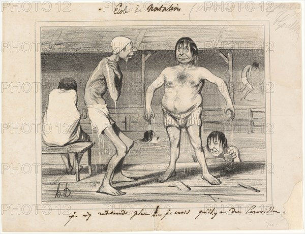 I’m Not Going in There Anymore!, I Think There are Crayfish Down There…, plate one from Les Baigneurs, 1839/42, Honoré Victorin Daumier, French, 1808-1879, France, Lithograph in black, with additions in pen and iron gall ink, on cream wove paper, 221 × 276 mm (image), 270 × 352 mm (sheet)
