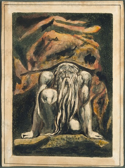 Urizen, 1794, William Blake, English, 1757-1827, England, Monotype, with pen and brown and gray inks and watercolor, on cream wove paper, 170 × 127 mm