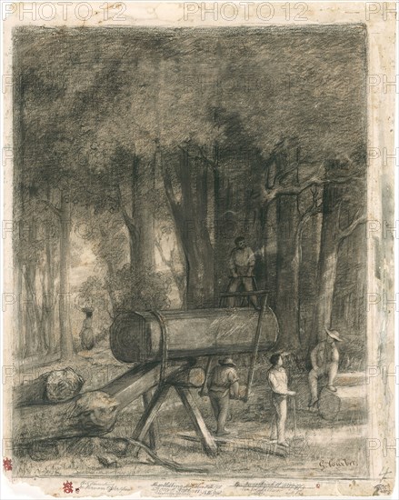 The Woodcutters, 1860, Gustave Courbet, French, 1819–1877, France, Charcoal and black chalk, with stumping, scraping, and erasing, on buff wove paper, altered to tan, 577 × 461 mm