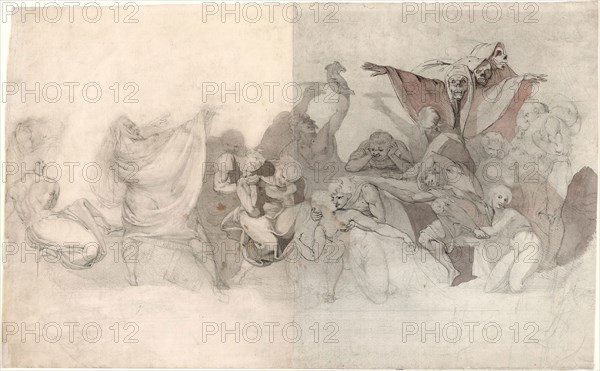 Triumph of Death: Three Skeletons Invading a Bacchanal Orchestrated by a Magician or an Evil Demon, 1770–71, Henry Fuseli, Swiss, active in England, 1741-1825, England, Graphite, with brush and gray wash, on cream laid paper (left sheet), graphite, pen and black ink, and brush and reddish-gray wash, on ivory laid paper (right sheet), joined and laid down on ivory Japanese paper, edge mounted on cream card, 357 × 572 mm (both sides), 420 × 369 mm (secondary support)