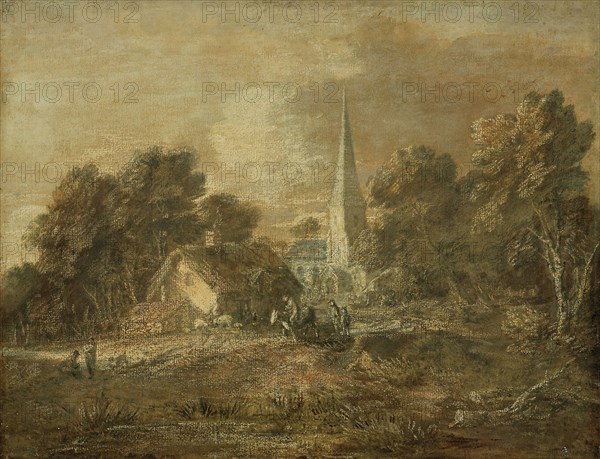 Wooded Landscape with Village Scene, early 1770s  (not later than 1772), Thomas Gainsborough, English, 1727–1788, England, Varnished gouache, over black and red chalks, on cream laid paper, laid down on canvas, stretched on a wooden stretcher and varnished again, 435 × 559 mm