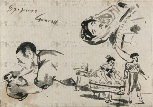 Sketches from The Gypsies, The Spanish Ballet, and Lola de Valence for L’Autographe au Salon de 1865, 1865, Édouard Manet, French, 1832–1883, France, Brush and black ink and wash over graphite on ivory laid paper, pieced in the lower left, 181 × 126 mm