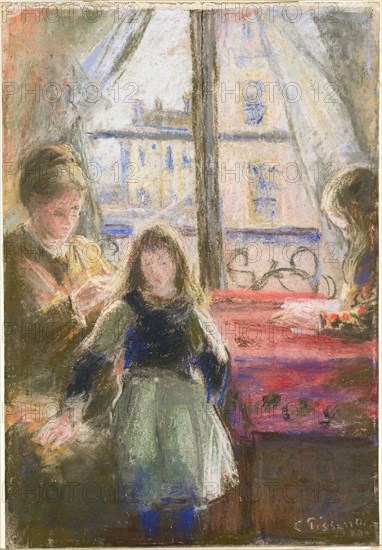 At the Window, rue des Trois Frères, 1878–79, Camille Pissarro, French, 1830–1903, France, Pastel on cream wove pastel paper, perimeter mounted on light gray wove paper, 380 × 263 mm (primary support), 382 × 264 mm (secondary support)