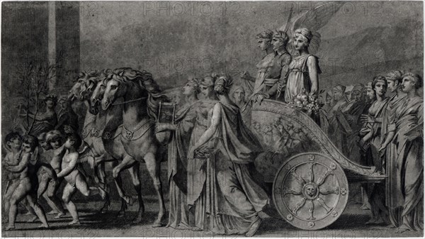 The Triumph of Bonaparte, 1801, Pierre-Paul Prud’hon, French, 1758-1823, France, Black chalk with stumping, heightened with touches of white chalk, on blue laid paper, laid down on ivory Japanese paper, 350 × 630 mm