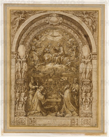 Coronation of the Virgin, with the Martyrdom of Saint Lawrence, c. 1570, Federico Zuccaro, Italian, c.1542-1609, Italy, Pen and brown ink with brush and brown wash, heightened with lead-white gouache (partially oxidized), over touches of black chalk, on cream laid paper, pieced and laid down on ivory card, 571 x 427 mm