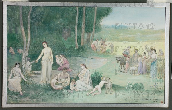 Summer, 1873, Attributed to Pierre Puvis de Chavannes, French, 1824-1898, France, Watercolor and gouache, over graphite, with a border in silver paint and pen and black ink, on cream wove laminate board, 225 × 362 mm (image), 243 × 380 mm (sheet)
