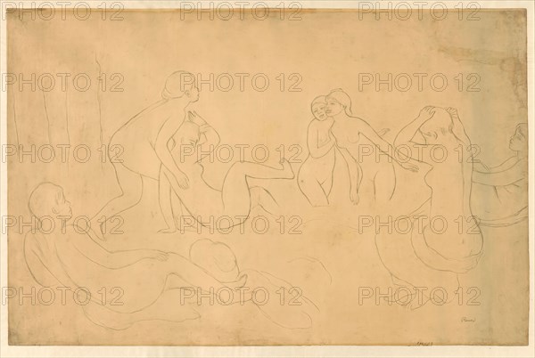 Bathers in a Forest, 1895/97, Pierre Auguste Renoir, French, 1841–1919, France, Graphite on tan wove paper, laid down on ivory Japanese paper, 638 × 984 mm
