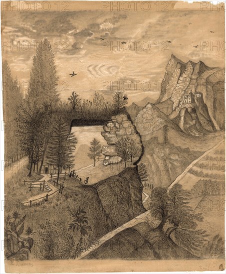 Hikers climbing up to a Mountain Chalet, c. 1888, Henri Rousseau, French, 1844–1910, France, Black crayon, with graphite, heightened with white chalk and white pencil, on tan wove paper, 389 × 318 mm
