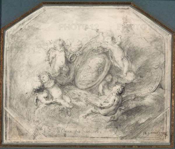 A Portrait Medallion of King Louis XV Surrounded by Putti Carrying the Attributes of Fame and History, 1774, Gabriel Jacques de Saint-Aubin, French, 1724–1780, France, Graphite, with traces of pen and black ink, on parchment, tipped onto white paper, tipped on blue card, 120 × 146 mm (primary/secondary supports), 155 × 195 mm (tertiary support)