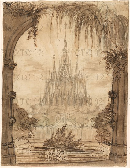Gothic Cathedral Behind a Pond with Swans, 1810/15, Karl Friedrich Schinkel, German, 1781-1841, Germany, Pen and brush and brown wash, with brush and brown wash and watercolor, over graphite, on cream wove paper, 244 x 185 mm