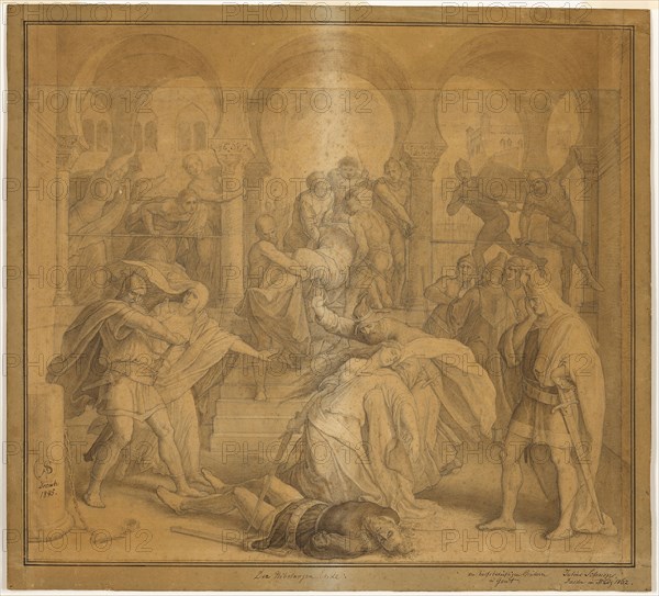 The Nibelungen’s End, The Death of Kriemhild, 1845, Julius Schnorr von Carolsfeld, German, 1794-1874, Germany, Graphite and brush and brown washes on tan laid paper, with added strip of tan wove paper at top (restoration), laid down on brown wove paper, 504 x 638 mm (primary support), 620 x 685 mm (secondary support)