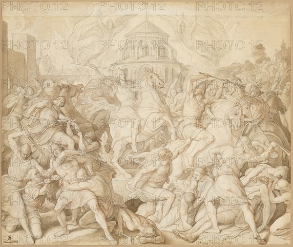 Defeat of Wittekind near Bürberg, 1835, Julius Schnorr von Carolsfeld, German, 1794–1872, Germany, Graphite and red chalk, with brush and brown wash, on cream laid paper (pieced at top), 557 × 660 mm