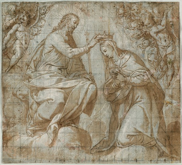The Coronation of the Virgin, 1575, Ercole Setti, Italian, 1530–1617, Italy, Pen and brown iron-gall ink and brush and brown wash, heightened with white gouache, over traces of graphite, on blue laid paper, squared in graphite for transfer, with extraneous traces of colored oil paints, 184 x 203 mm