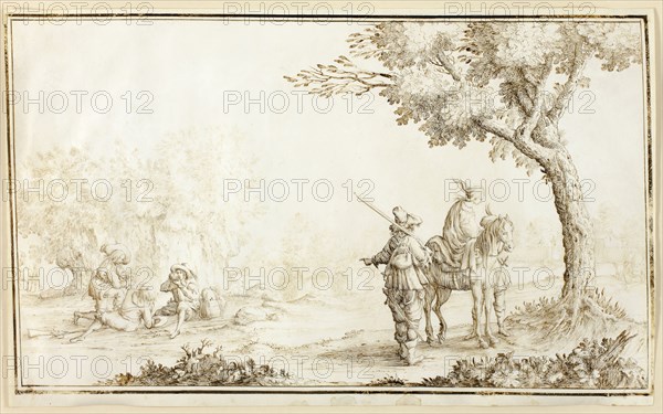 Landscape with Travelers, early 1630s, Valerio Spada (Italian, 1613-1688), after Jacques Callot (French, 1592-1635), Italy, Pen and brown ink on vellum, 258 x 421 mm