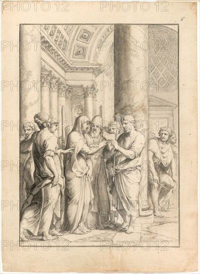 Marriage of the Virgin, c. 1640, Jacques Stella, French, 1596-1657, France, Pen and black ink, with brush and gray and pale brown wash and graphite, on pieced cream laid paper (two figures before column are cut from a similar paper and inserted over a slightly smaller hole in the primary support), 367 × 267 mm