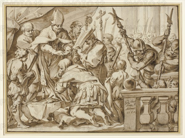 Coronation of Otto the Great in the Church of Saint’Ambrogio, Milan, 1650, Johann Christophorous Storer, German, 1620-1671, Germany, Pen and brown ink, brush and brown wash, with graphite, on cream laid paper, incised for transfer with graphite, laid down on cream paper, laid down on cream board edged with gold, 230 × 311 mm (primary support), 241 × 323 mm (secondary support)
