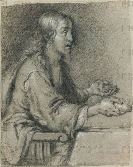 Christ at Emmaus Presenting the Bread, 1630/40, Bernardo Strozzi (Il Prete Genovese or Il Cappuccino), Italian, 1581-1664, Italy, Black chalk, heightened with white chalk, on gray laid paper with blue fibers, 302 x 242 mm