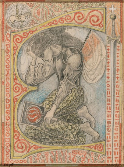 Joan of Arc, 1898, Jan Toorop, Dutch, 1858–1928, The Netherlands, Graphite and colored pencils on tan wove board, 158 x 117 mm (sheet), 229 x 187 mm (mount)