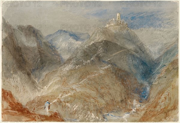 Castle on Height near Geneva, 1836, Joseph Mallord William Turner, English, 1775–1851, England, Watercolor, with scraping, over graphite, on off-white wove paper, edge mounted to cream card, 160 × 234 mm