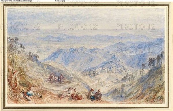 Mussooree and the Dhoon from Landour, c. 1835, Joseph Mallord William Turner, English, 1775–1851, England, Watercolor and gouache, over graphite, on off-white wove paper, edge mounted on cream wove card, 123 × 202 mm
