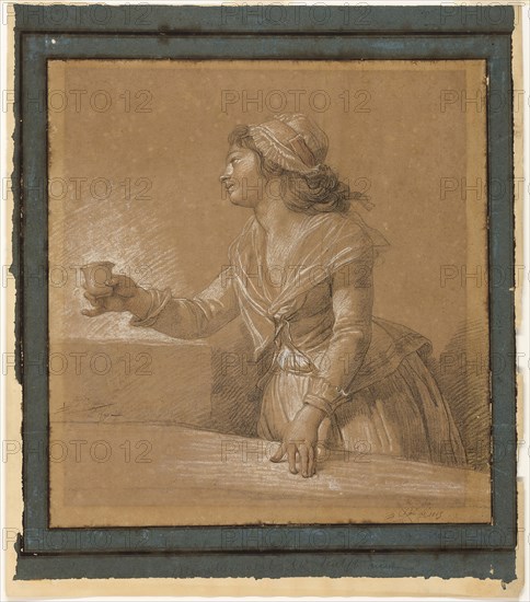 Portrait of Marie-Gabrielle Capet, 1790, François-André Vincent, French, 1746-1816, France, Black and white chalks, with touches of red chalk, on tan laid paper, laid down on cream wove paper, with margins in blue laid paper and pen and iron gall ink, 462 × 440 mm (primary support), 588 × 512 mm (secondary support)