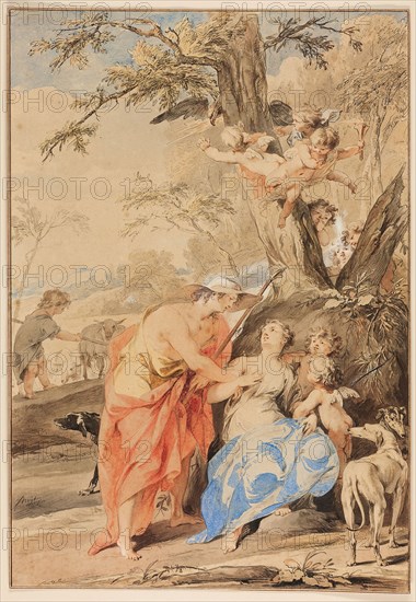 Jupiter and Mnemosyne, 1733, Jacob de Wit, Flemish, 1695-1754, Flanders, Pen and brown and black ink and brush and brown and gray wash, with watercolor, heightened with white gouache, over traces of graphite on ivory laid paper, 449 × 310 mm