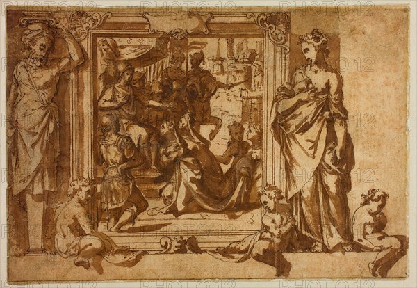 Woman Kneeling Before a Ruler, 1566–67, Federico Zuccaro, circle of, Italian, c.1542-1609, Italy, Pen and brown ink, with brush and brown wash, with touches of thin white gouache, on tan laid paper, 206 x 300 mm