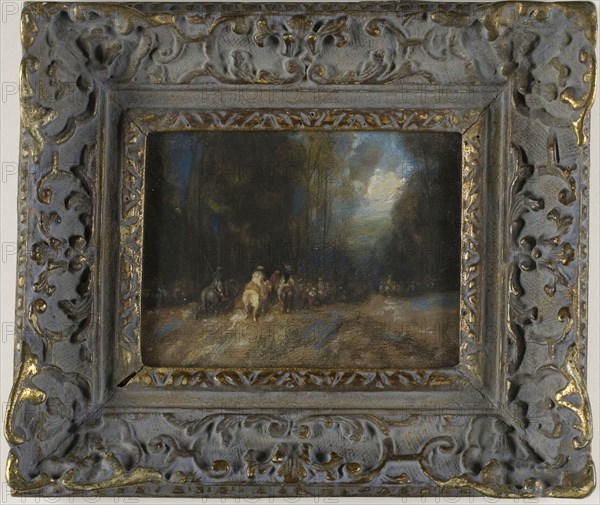 Riders on Horseback in Woods, 18th century, Unknown Artist, French, 18th century, France, Pastel, with touches of binder-rich media (possibly oil), on tan laid paper laid down on paperboard, framed