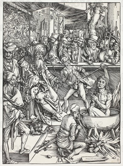 The Martyrdom of Saint John, from The Apocalypse, 1495–99, Albrecht Dürer, German, 1471-1528, Germany, Woodcut in black on ivory laid paper, 386 × 281 mm (image/sheet, block mark not visible)