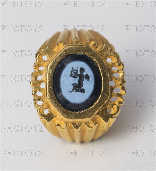 Finger Ring with Intaglio Depicting Eros, 3rd century AD, Roman, Rome, Gold, banded stone or glass, 2.5 × 2 cm (1 × 3/4 in.)
