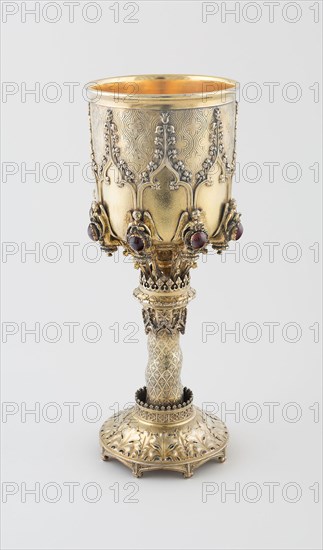 Chalice, 1827/28, Designed by Augustus Welby Northmore Pugin, English, 1812-1852, Made by Rundell, Bridge and Rundell, London, 1797-1843, London, Silver gilt with spessartine garnets, 28.3 × 12 cm (11 1/8 × 4 3/4 in.)