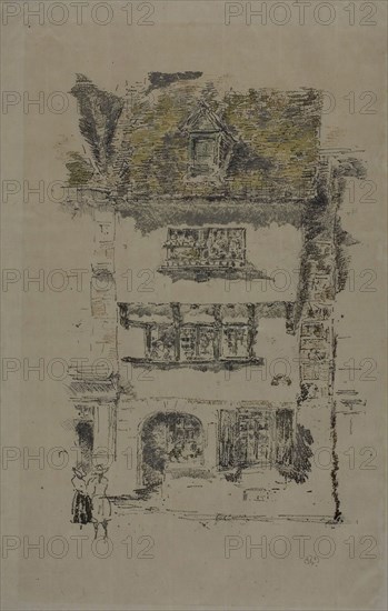 Yellow House, Lannion, 1893, James McNeill Whistler, American, 1834-1903, United States, Transfer lithograph, with scraping on stone, from fine-grained transfer paper (keystone) and thin, transparent transfer paper (color stones), in color (black, warm gray, dark brown, red brown, green-gray, gray and ochre) on cream Japanese paper, 319 x 205 mm