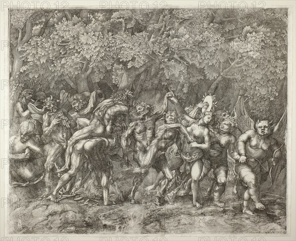 Bacchanal, c. 1550, Giulio Sanuto, Italian, active 1540-1580, Italy, Engraving in black on two sheets of ivory laid paper, joined through the center, 451 x 554 mm (image), 455 x 558 mm (plate), 465 x 574 mm (sheets)