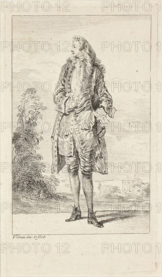 Figures du mode, c. 1710, Jean Antoine Watteau, French, 1684-1721, France, Etching in black on ivory laid paper, 114 × 73 mm (image), 138 × 80 mm (plate), 155 × 95 mm (sheet)
