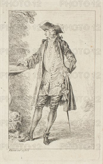 Figures du mode, c. 1710, Jean Antoine Watteau, French, 1684-1721, France, Etching in black on ivory laid paper, 111 × 69 mm (image), 124 × 78 mm (plate), 142 × 95 mm (sheet)
