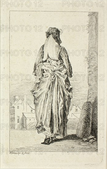 Figures du mode, c. 1710, Jean Antoine Watteau, French, 1684-1721, France, Etching in black on ivory laid paper, 109 × 69 mm (image), 125 × 78 mm (plate), 142 × 95 mm (sheet)