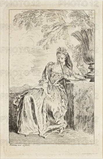 Figures du mode, c. 1710, Jean Antoine Watteau, French, 1684-1721, France, Etching in black on ivory laid paper, 112 × 71 mm (image), 125 × 79 mm (plate), 146 × 95 mm (sheet)