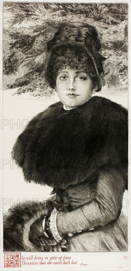 A Walk in the Snow, 1880, James Tissot, French, 1836-1902, France, Etching and drypoint in black and red on ivory laid paper, 561 × 268 mm (image/plate), 685 × 456 mm (sheet)