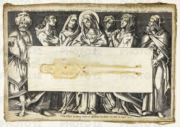 The Holy Shroud of Besançon, 1634, Jean de Loisy, French, 1603-after 1660, France, Engraving in black and yellowish brown, with hand additions in red gouache on cream, silk satin weave, folded, 275 × 418 mm (image), 274 × 417 mm (plate), 310 × 442 mm (sheet, folded)