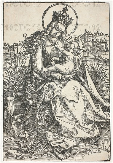 Madonna and Child on a Grassy Bench, 1505–07, Hans Baldung Grien, German, c. 1480-1545, Germany, Woodcut in black on cream laid paper, 236 × 160 mm (image/sheet, block mark not visible)
